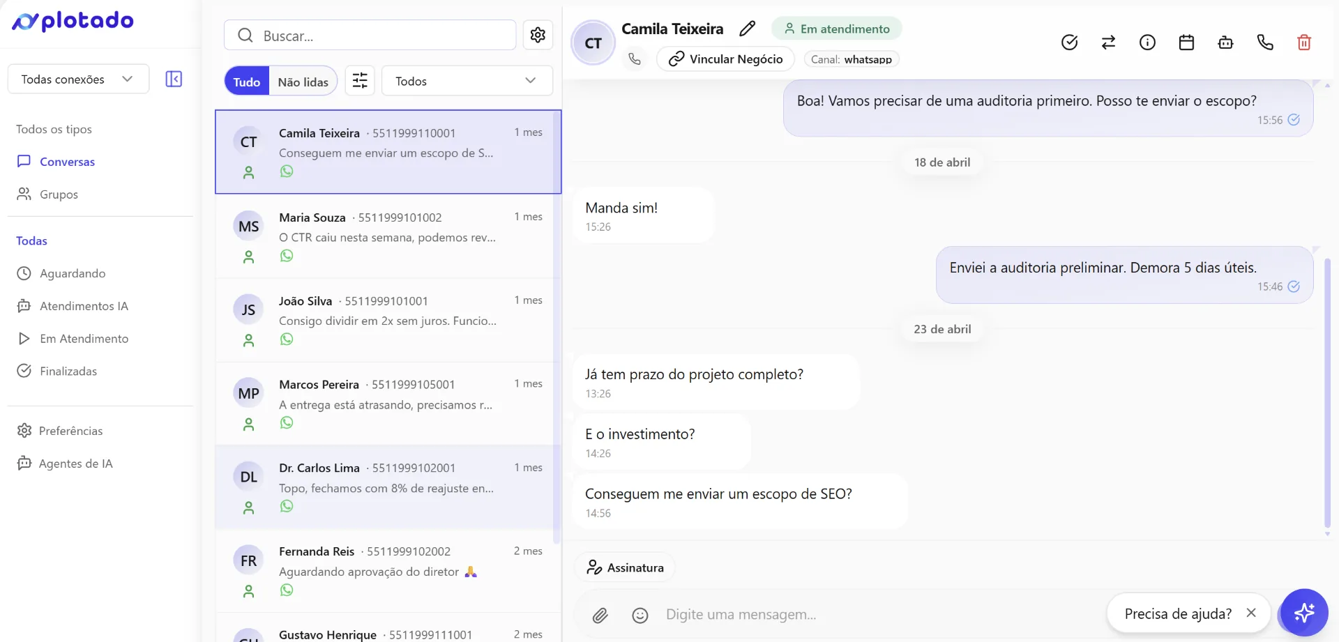 Tela da solução Atendimento no WhatsApp